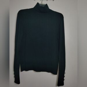 IMAN (Size L) Classic Black Gold Accent Button Cuffs LS Turtleneck Knit Sweater